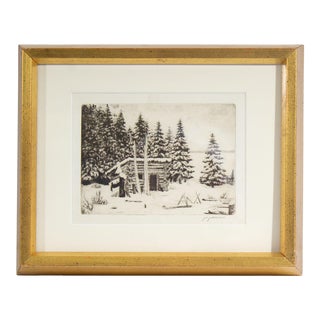 1930s Signed Etching of a Winter Landscape by j.c. Johnston For Sale