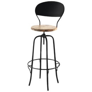 New Industrial Wrought Iron Shop Stool With Wood Seat and Back For Sale
