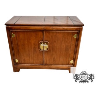 Thomasville Cherry Wood Server Vintage Asian Influenced Flip Top Brass For Sale