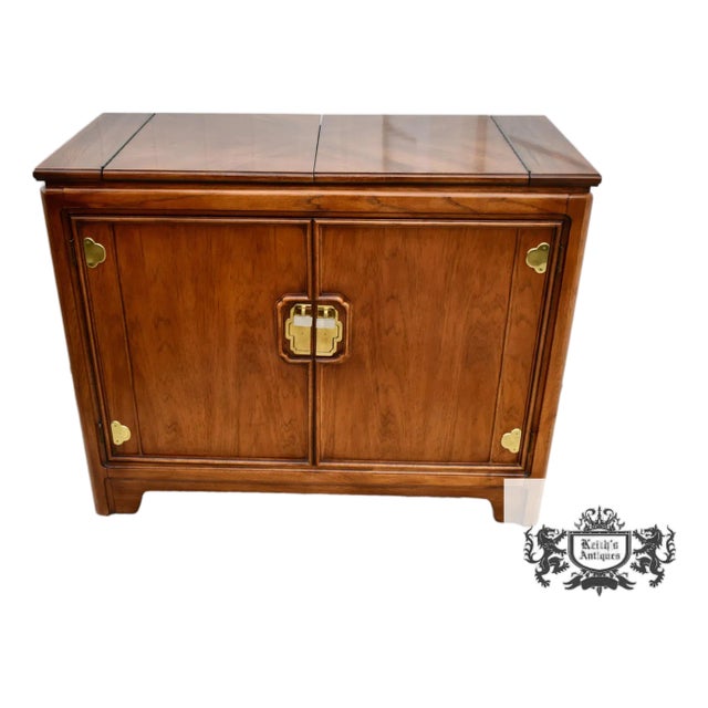 Thomasville Cherry Wood Server Vintage Asian Influenced Flip Top Brass For Sale