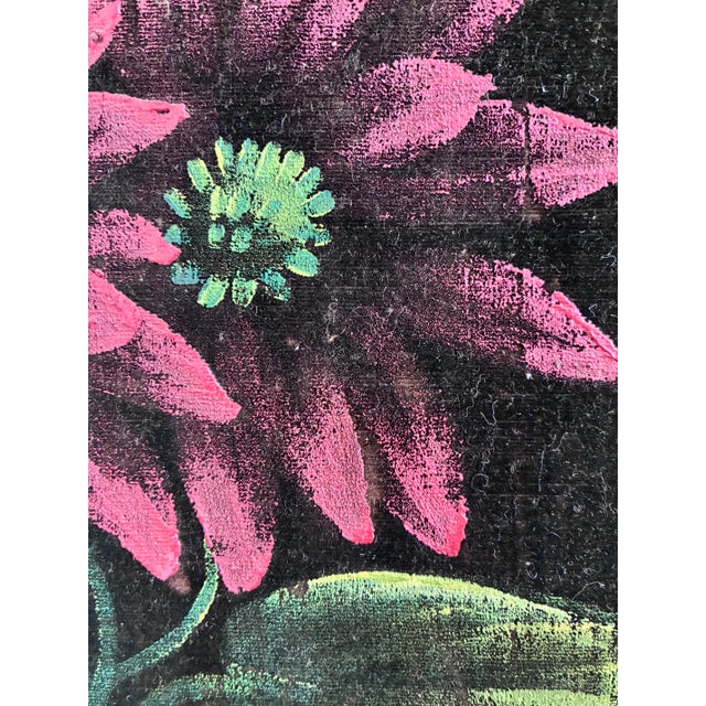 1960s Vintage Original Velvet Flower Oil Painting, Red Flower Still Life Art For Sale - Image 5 of 12
