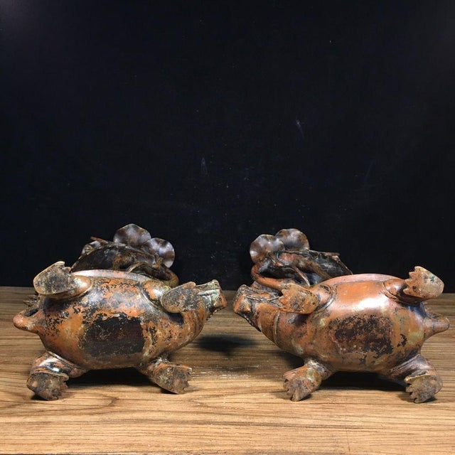 Metal Pair of Vintage Bronze Turtle Dragon and Crane Candle Holders For Sale - Image 7 of 9