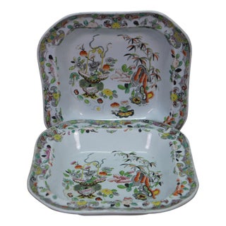 Antique 1825 Stephan Folch Bamboo & Basket Ironstone China Serving Bowl Imari - Set of 2 For Sale