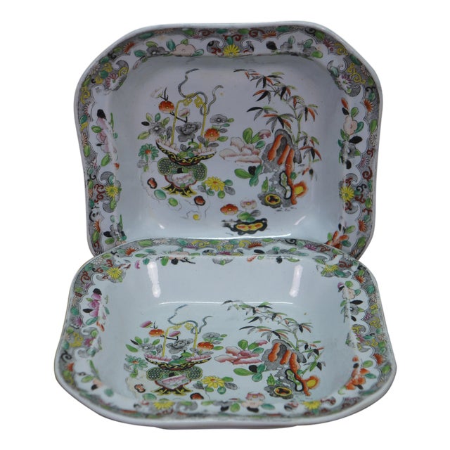 Antique 1825 Stephan Folch Bamboo & Basket Ironstone China Serving Bowl Imari - Set of 2 For Sale