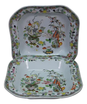 Antique 1825 Stephan Folch Bamboo & Basket Ironstone China Serving Bowl Imari - Set of 2