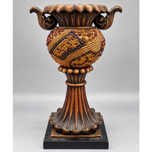 Vintage Jeweled Mosaic Pedestal Bowl and 3 Candleholders Gold Amber For Sale - Image 12 of 13