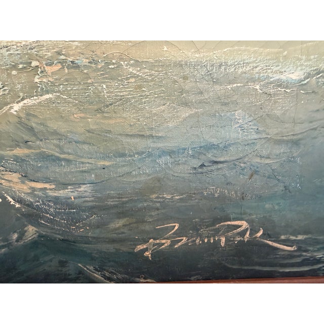 A beautiful vintage marine oil painting depicting a majestic tall ship under full sail navigating rolling ocean waves...