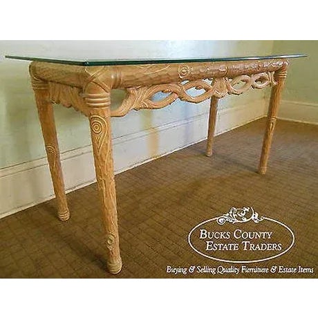 Carved Naturalistic Solid Maple Glass Top Sofa Table For Sale - Image 4 of 12