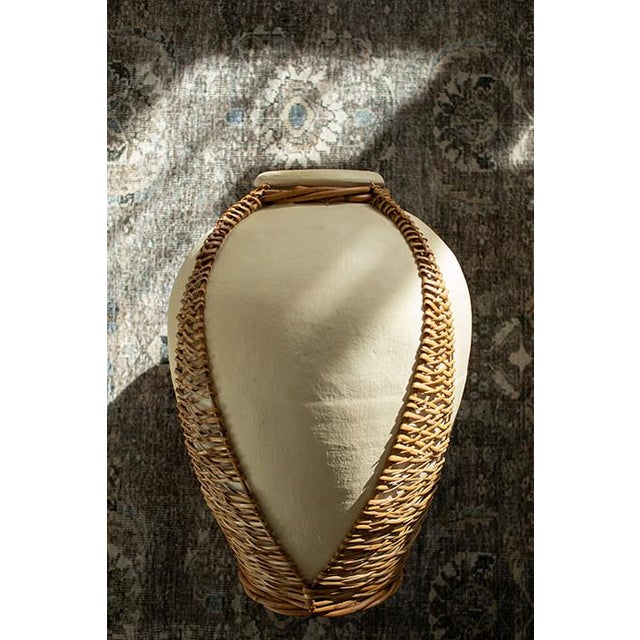 Cream Large Vintage 1980s Rattan Wicker Wrapped Terracotta Pottery Vase For Sale - Image 8 of 13