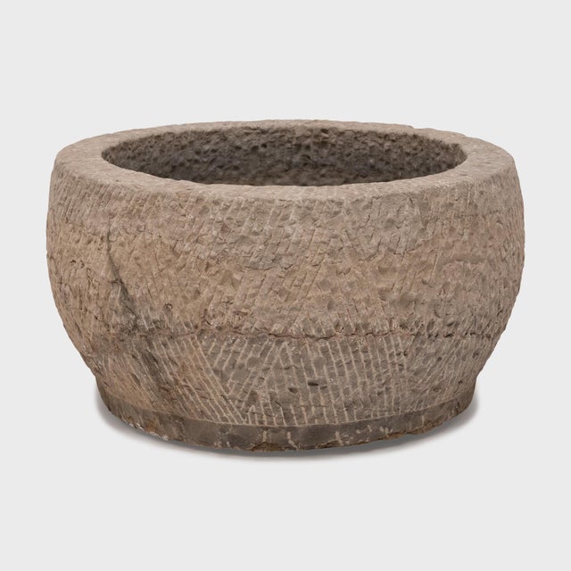 Chinese Antique Chinese Furrowed Stone Basin, 19th Century For Sale - Image 3 of 4