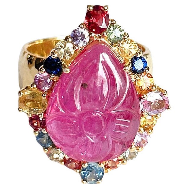 Bochic “Orient” Carved Ruby & Multi Sapphire Cluster Ring Set 18K & Silver, Size 4 For Sale