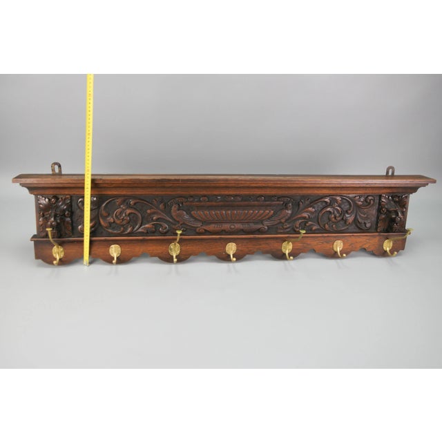 Antique French Hand-Carved Oak and Brass Wall Coat Rack with Lion Heads, 1900s For Sale - Image 12 of 18