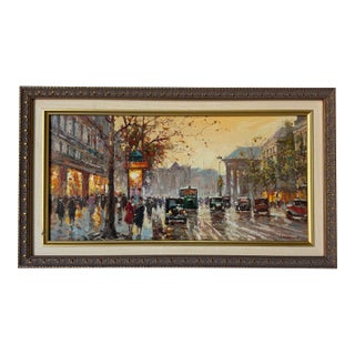 Vintage Parisian Street Scene Oil on Plywood – Framed For Sale