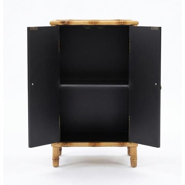 Vintage Black Lacquer & Faux Bamboo Chinoiserie Narrow Accent Cabinet With Mother-of-Pearl Inlay For Sale - Image 9 of 10