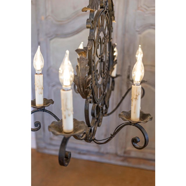 Mid 20th Century French Wrought Iron Six-Light Clock Face Chandelier with Scrolling Arms For Sale - Image 4 of 10