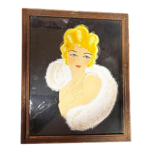 1920 Female Glamour Flapper Portrait Pastel on Black Paper, Framed