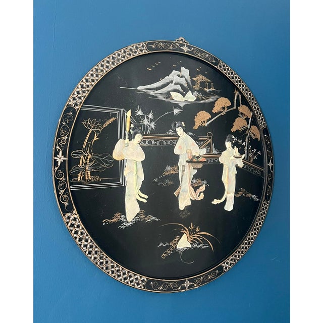 1950s Large Chinese Lacquer Panel With Carved Mother-of-Pearl Figural Inlay, Mid-Century For Sale - Image 5 of 10