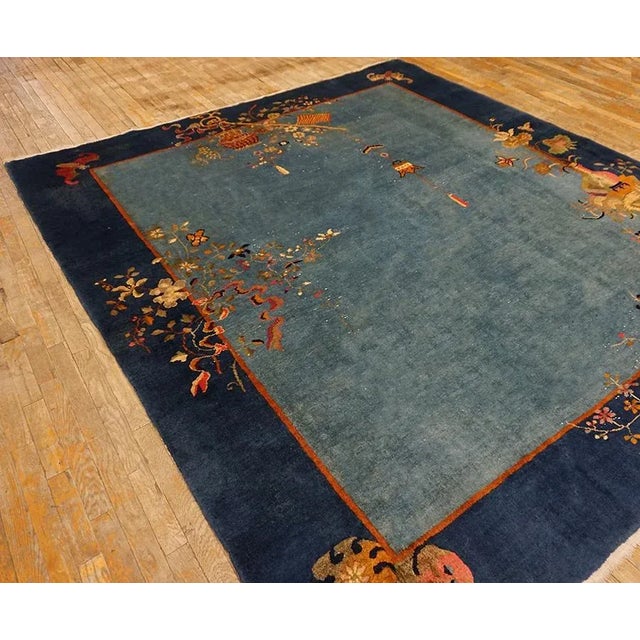 1920s Cornflowers Blue Minimalist Floral Antique Chinese Art Deco Carpet 8' X 9'9" Knotted Wool Rug For Sale - Image 4 of 15