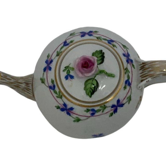 Traditional Vintage Herend Blue Garland PBG Model 1605 Small Porcelain Teapot Rose Finial Spout Chip Hungary C. 1980s For Sale - Image 3 of 9