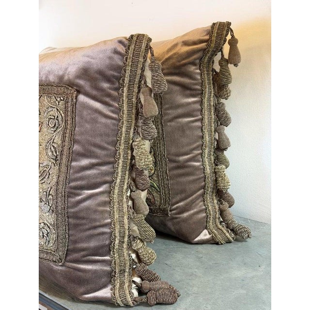Asparagus Antique Metallic Embroidered Silk Velvet Pillows, Baroque Style For Sale - Image 8 of 10