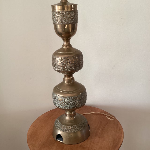 Vintage Asian Inspired La James Mont Style Intricately Carved Heavy Brass Lamp Circa 1940 For Sale - Image 12 of 12