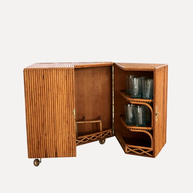 Corner Rattan Bar with Triangular Patterned Top, Brass Hardware and Casters and Wooden Interior with Shelves, Italy, 1970s For Sale - Image 9 of 10
