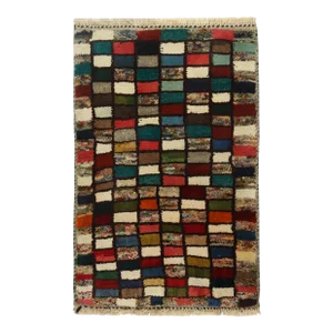 1950s Vintage Gabbeh Rug in White, Blue, Green, Red Tribal Geometric Pattern