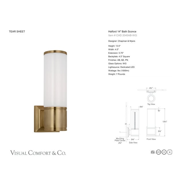 Chapman & Myers for Visual Comfort Signature Halford 14" Bath Sconce in Antique-Burnished Brass with White Glass For Sale In Houston - Image 6 of 7