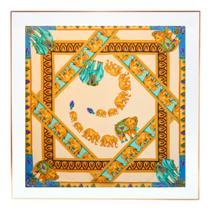 Framed Cartier Silk Scarf "Elephants" 1980s - Orange Gold Frame