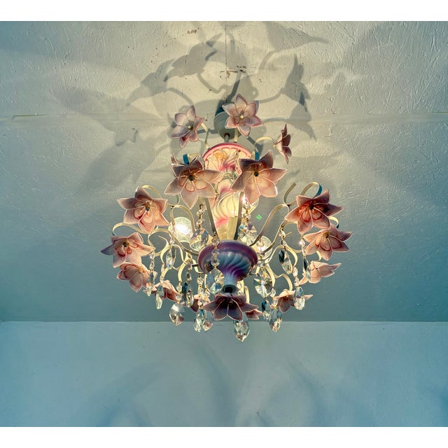 1980s Italian Murano Style Pink Floral Glass Chandelier With Crystals For Sale - Image 15 of 18