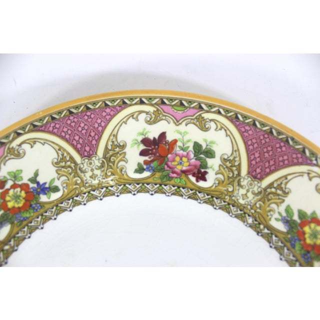 Beautiful vintage colourful rose pink and orange yellow floral dinner plate with a saffron yellow edge and some hand...