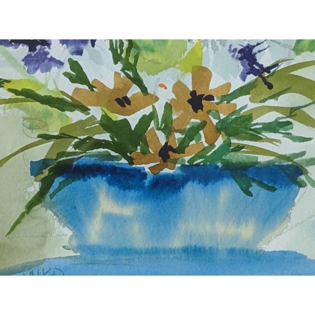 Mid-Century Modern Vintage Original Still Life Flowers in a Blue Vase Botanical Watercolor Painting Signed For Sale - Image 3 of 12