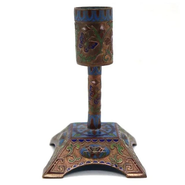 Small Chinese Cloisonne Enamel Brass Mounted Butterfly Candlestick For Sale - Image 4 of 8