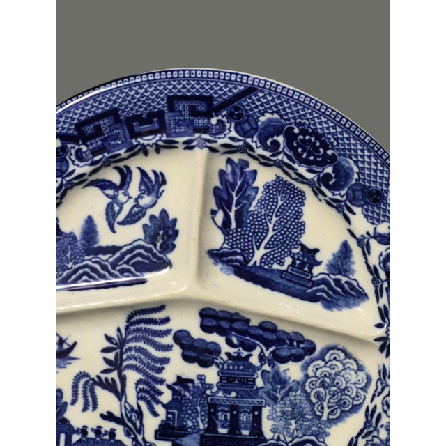 Ceramic Vintage Japanese Willow Divided Blue & White Plate For Sale - Image 7 of 10