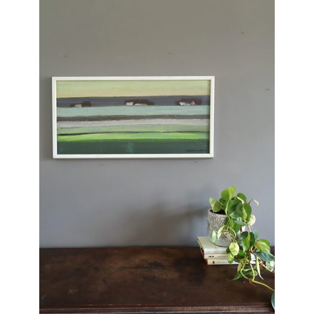 Abstract 1970 Modernist 'Houses on the Horizon' Original Vintage Swedish Abstract Landscape Oil Painting, Framed For Sale - Image 3 of 11