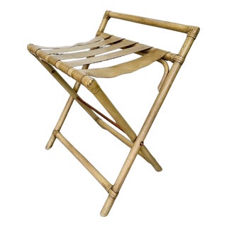 Vintage Mid-Century Faux Bamboo & Faux Leather Folding Luggage Rack For Sale