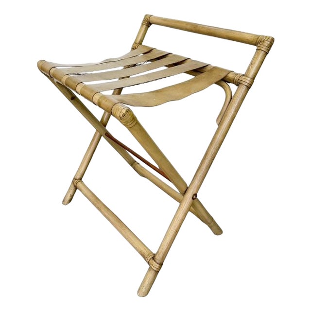 Vintage Mid-Century Faux Bamboo & Faux Leather Folding Luggage Rack For Sale