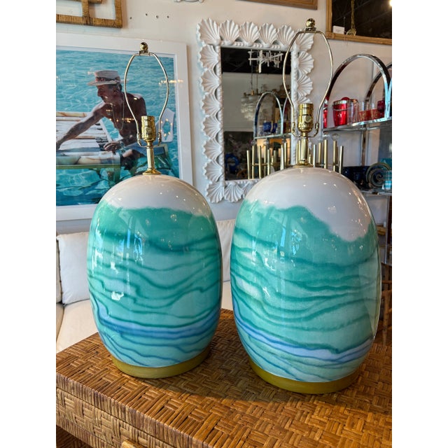 Vintage Pair Ceramic Watercolor Blue Green Modern Coastal Table Lamps Rewired For Sale - Image 10 of 12
