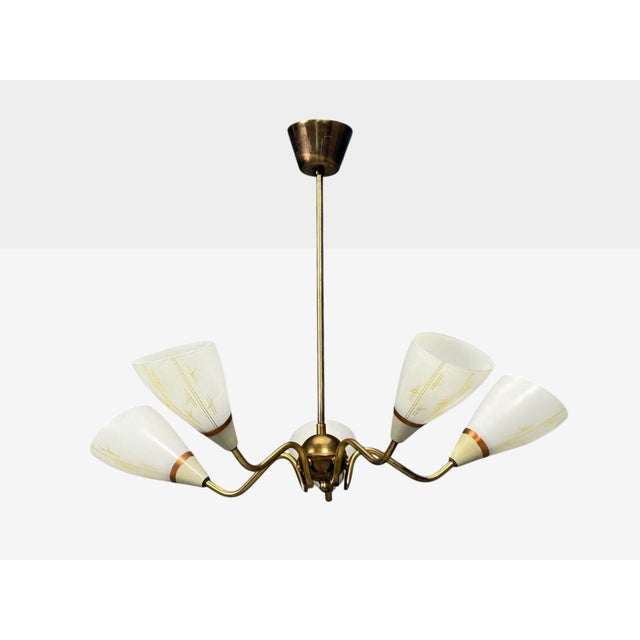 Swedish Mid-Century Modern, Chandelier or Pendant Light, Opaline Glass, Brass, Sweden, 1940s A five arm art deco style...