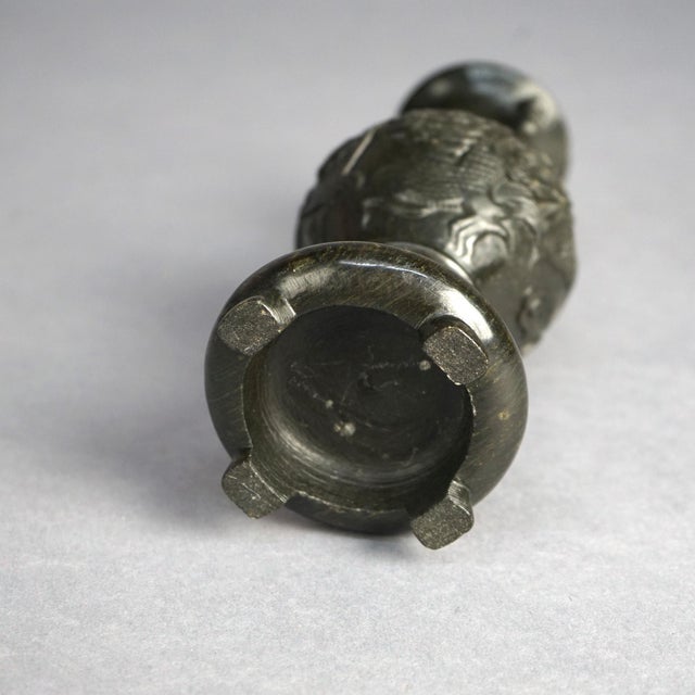 Dark Green Antique Chinese Carved Hard Stone Double Handle Urn in Relief with Dragons, Circa 1920 For Sale - Image 8 of 8