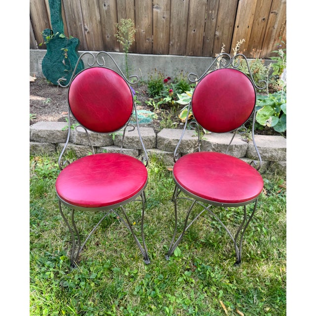 1960s 1960s Syd Leach Wrought Iron Bistro Set With Pink Vinyl Chairs For Sale - Image 5 of 14