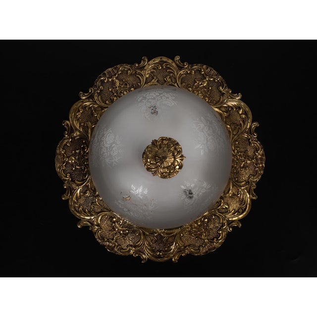 1950s Spanish Rococo Heavy Sand-Cast Bronze Flush Mount Ceiling Light With Etched Frosted Glass Dome For Sale - Image 11 of 12