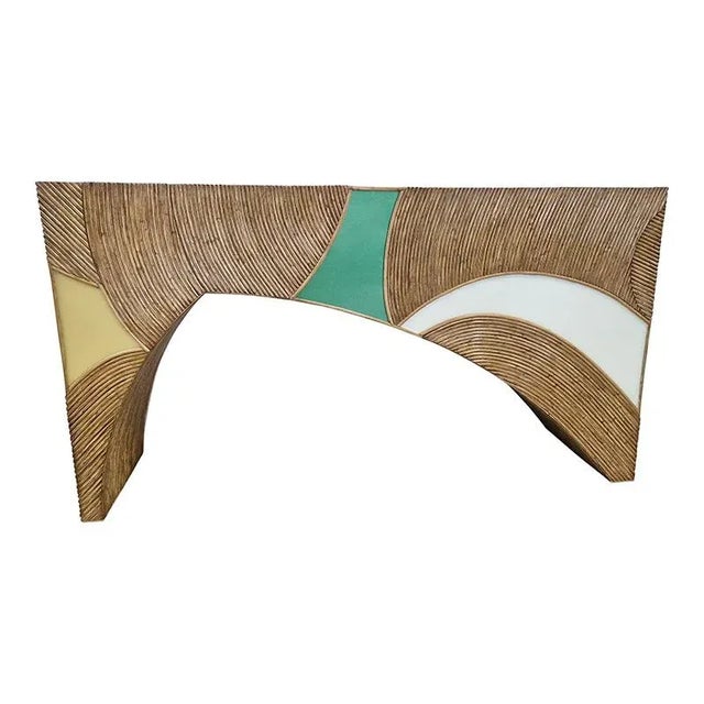 Brown Bamboo and Colorful Glass Console Table For Sale - Image 8 of 9