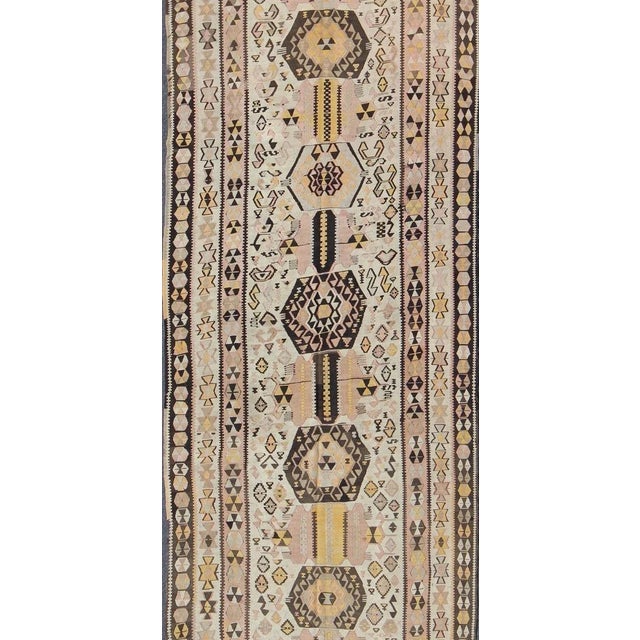 Textile Mid 20th Century Mid 20th Century Vintage Turkish Kilim Gallery Rug With Tribal Design in Brown Pink and Yellow For Sale - Image 7 of 13
