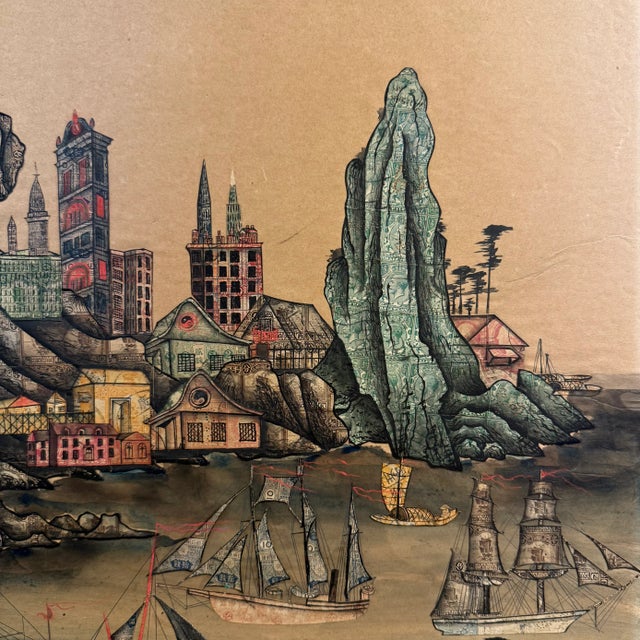 Tan '1920's Chinese Port With Biplane Overhead', Early 20th Century Chinese School, Philately, Postage Stamp Collage For Sale - Image 8 of 16