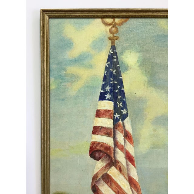 Vintage oil on board of the American Flag on pole with eagle, village buildings at bottom. Painting is signed "Bucy"...