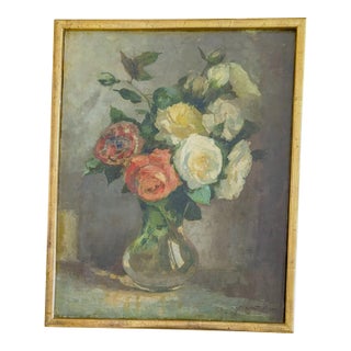 Early 20th Century Impressionist Painting Still Life of Roses Signed by Artist Jeanette Slager (1881-1945) For Sale