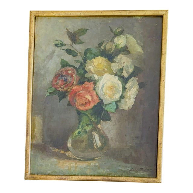 Early 20th Century Impressionist Painting Still Life of Roses Signed by Artist Jeanette Slager (1881-1945) For Sale