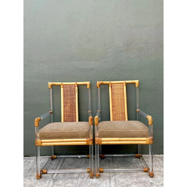 Wood Vintage Four Seasons Lucite and Rattan Armchairs - Pair For Sale - Image 7 of 12