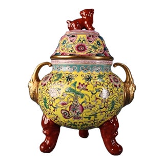 Late 20th Century Yellow Famille Rose Porcelain Censer With Gilt Handles and Lion Finial For Sale